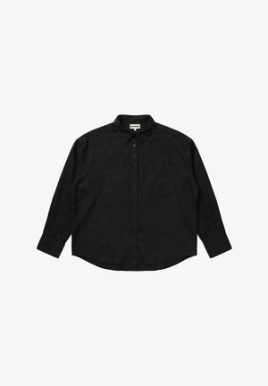 Black long-sleeve button-up shirt with collar and front chest pocket, laid flat on a white background.