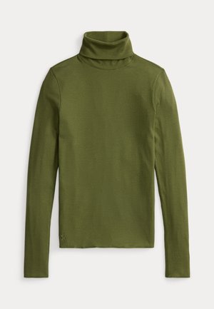 Olivgrüner Rollkragenpullover aus geripptem Stoff, mit langen Ärmeln und tailliertem Schnitt, versehen mit einem kleinen gestickten Logo am Saum.