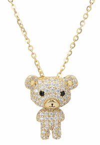 Collar de oso de oro con un colgante en forma de oso, incrustado con brillantes transparentes, que presenta ojos y nariz negros, en una delicada cadena con eslabones ovalados.