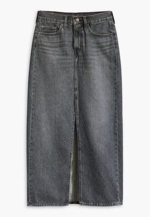 Denim skirt in dark grey with a front slit, five pockets, and a button closure. Made from sturdy fabric with a smooth texture.