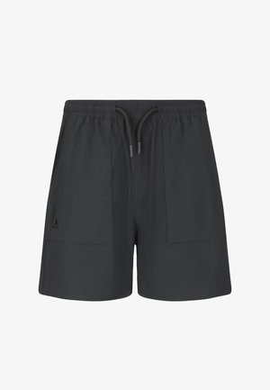 Musta joustava vyötärönauha ja nauhakiinnitys, kaksi etutaskua ja pieni logo vasemmassa taskussa.