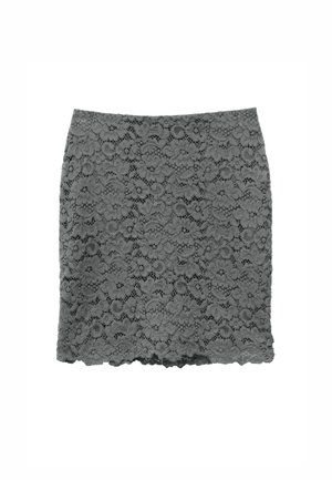 Jupe en dentelle grise avec un motif floral, texture douce, design ajusté et ourlet festonné. Le matériau est léger et semi-transparent.