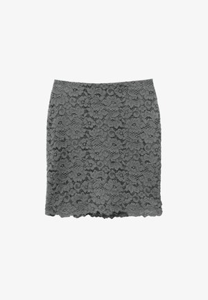 Grau Spitze Rock mit Blumenmuster, weicher Textur, tailliertem Design und gewelltem Saum. Das Material ist leicht und halbtransparent.