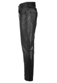 Zwarte leren broek met een slim fit, voorzien van een middelhoge tailleband, vijf-pocket ontwerp en een soepele textuur benadrukt door subtiele stiksels.