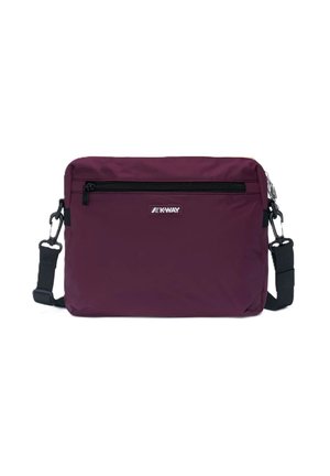 Borsa a tracolla viola con tracolla nera regolabile, tasca frontale con cerniera e patch con logo K-Way centrato sotto la zip.