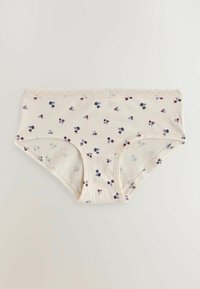 Culotte hipster pour femme de couleur crème avec petits motifs floraux rouges, bleus et violets et bordure en dentelle le long de la ceinture.