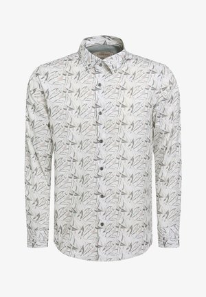 Langärmliges weißes Hemd mit Knopfleiste, dezentem grau-beigem Blattmuster und spitzem Kragen.