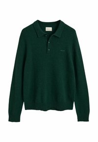 Dunkelgrüner Strickpullover mit Kragen, langen Ärmeln und geripptem Saum. Verfügt über einen zweifachen Knopfverschluss und ein kleines Logo auf der Brust.