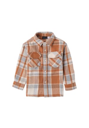 Camicia in flanella a quadri arancione, grigia e bianca. Presenta colletto, due tasche sul petto e chiusura con bottoni. Tessuto morbido con maniche lunghe.
