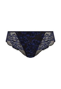 Verkkopöksyt, joissa on tummansinisellä kukkakuviolla mustalla taustalla, reunoissa on aaltoilevat yksityiskohdat ja puolipeittävä rakenne.