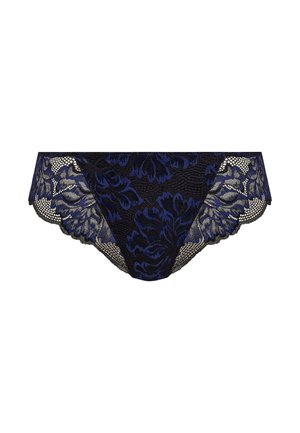 Lace panties featuring a floral pattern in dark blue on a black background, with scalloped edges and a semi-sheer texture.
