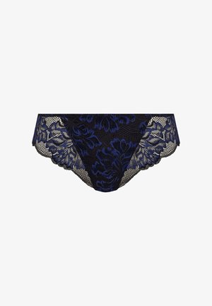 Kantpanty met een bloemenpatroon in donkerblauw op een zwarte achtergrond, met golvende randen en een semi-doorzichtige textuur.