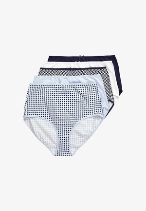 Cinco pares de ropa interior femenina de talle alto en azul marino, blanco y diseños estampados, apilados y desplegados sobre un fondo blanco.