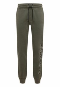 Olivgrüne Jogginghose aus weichem Stoff, mit elastischem Bund und Kordelzug sowie einem aufgedruckten Markenlogo entlang des linken Beins.