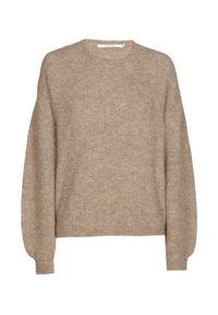 Beige gestrickter Pullover mit rundem Halsausschnitt, langen Ballonärmeln und einer weichen, flauschigen Textur, ausgestattet mit gerippten Bündchen und Saum.