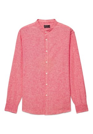 Langärmeliges pinkes Hemd mit Stehkragen und weißen Knöpfen, aus strukturiertem Stoff, mit dem Etikett "Calliope Comfort Fit".