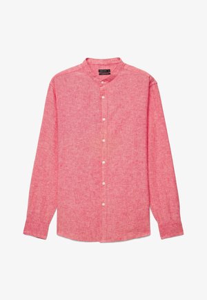 Langärmeliges pinkes Hemd mit Stehkragen und weißen Knöpfen, aus strukturiertem Stoff, mit dem Etikett "Calliope Comfort Fit".