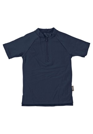 Marineblaue Kurzarmbluse aus dehnbarem Stoff, mit einem Reißverschluss vorne, nahtlosen Schultern und einem hohen Kragen für ein einfaches Anziehen.