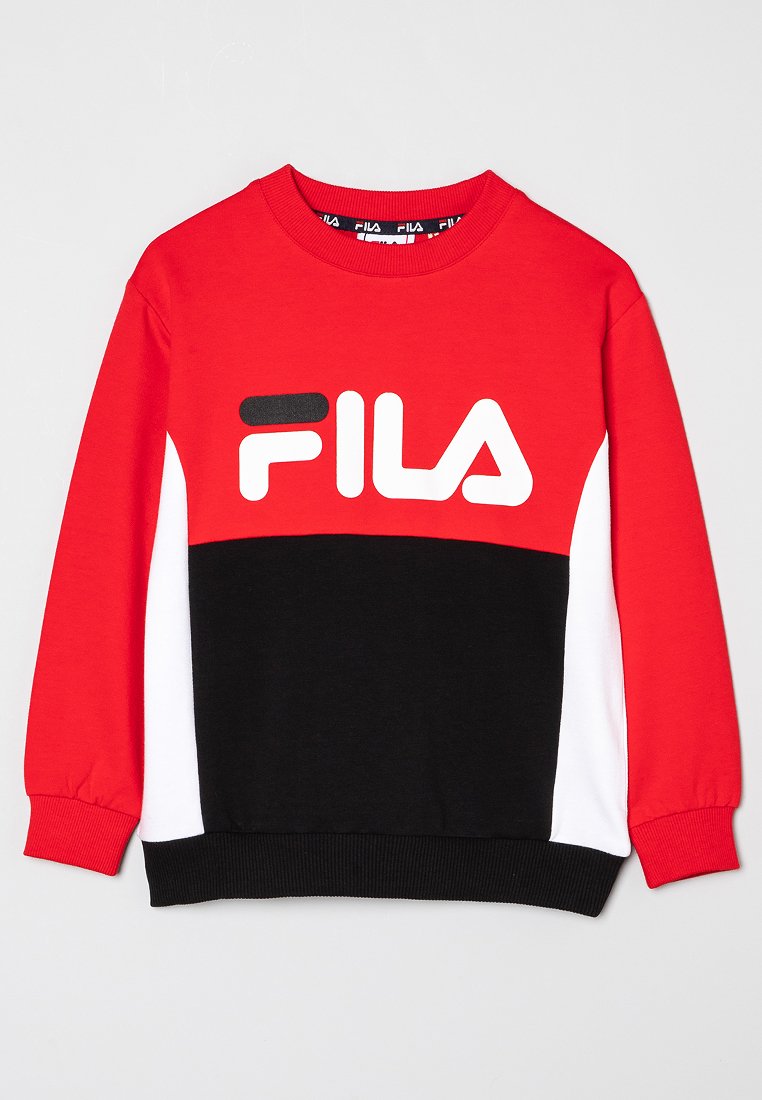 Sweatshirt à manches longues rouge, noir et blanc avec le logo FILA sur la poitrine, bords côtelés aux poignets et à l'ourlet, et col rond.