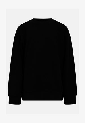 Tricou negru cu guler rotund, cu mâneci lungi, cu manșete și tiv din material ribat, textură de țesătură moale, fără modele sau logo-uri vizibile.