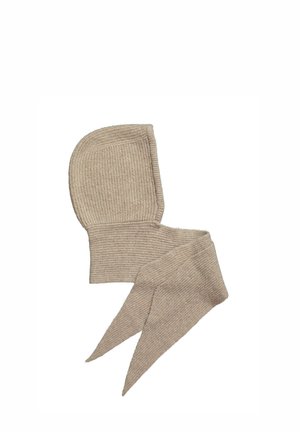 Beige knitted balaclava with a ribbed texture and long, pointed ties extending from the neck area.