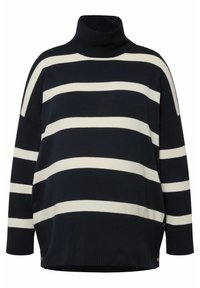 Gestreifter Rollkragenpullover in Marineblau und Weiß, aus weichem Strickmaterial, mit lockerer Passform und seitlichen Knöpfen für Details.