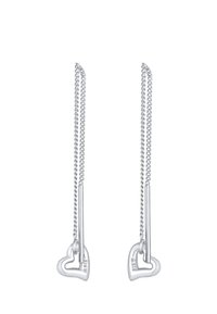 Pendientes de cadena de plata con acentos en forma de corazón y un diseño de poste roscado. Hechos de plata esterlina con un acabado pulido.
