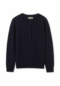 Granatowy dziergany kardigan wykonany z miękkiego materiału, z okrągłym dekoltem, zapięciem na guziki z przodu oraz długimi rękawami z prążkowanymi mankietami.