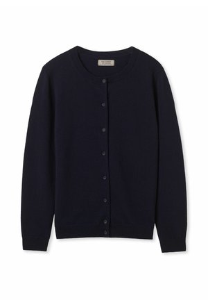 Navyblauwe gebreide cardigan van zachte stof, met een ronde halslijn, knoopsluiting aan de voorkant en lange mouwen met geribde manchetten.