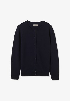 Navyblauwe gebreide cardigan van zachte stof, met een ronde halslijn, knoopsluiting aan de voorkant en lange mouwen met geribde manchetten.