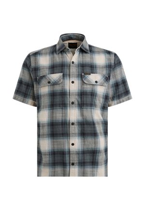Košile s krátkým rukávem v kostkovaném vzoru v odstínech modré a šedé, s límcem na knoflíky, dvěma náprsními kapsami a tkanou označovací štítkem.