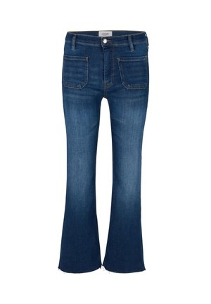 Donkerdenim flared jeans met een hoge taille, voorzien van twee achterzakken, een ruwe zoomafwerking en een lichte rek voor comfort.