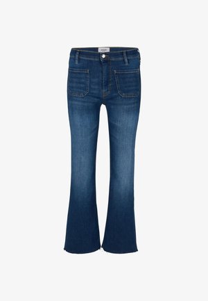 Dark denim flared jeans with a high waist, featuring two back pockets, raw hem detailing, and a slight stretch for comfort.