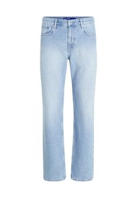 Vaqueros de mezclilla de color azul claro, con un diseño de pierna recta relajada, estilo de cinco bolsillos y cierre clásico con botón en la parte superior y cremallera.