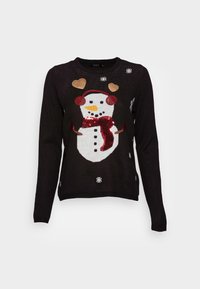 Černý pletený svetr s designem sněhuláka, ozdobený flitry, sluchátky a červeným šálkem. Doplněný bílými sněhovými vločkami a srdíčky.