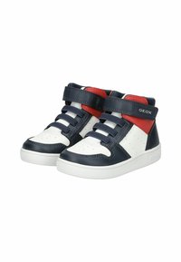 Wysokie sneakersy w kolorze granatowym, białym i czerwonym. Gładka skóra z perforacjami, rzep oraz kontrastowe sznurowadła. Gumowa podeszwa.
