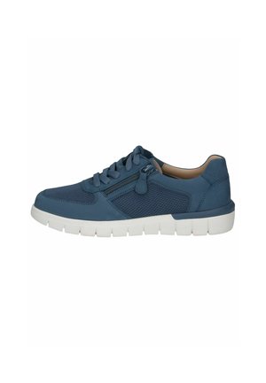 Blue sneaker featuring a mesh and smooth leather upper, lace closure, side zipper, and white rubber sole with segmented design.