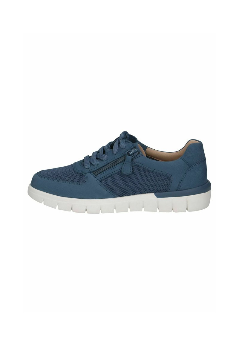 Blue sneaker featuring a mesh and smooth leather upper, lace closure, side zipper, and white rubber sole with segmented design.