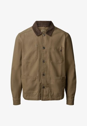 Brun jakke med knapper foran med mørkebrun fløjlskrave og tre forlommer, lavet af robust stof.