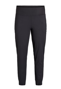 Schwarze Sporthose mit breitem elastischem Bund, schmal zulaufenden Beinen und glatter Textur, entworfen für Komfort und Flexibilität.