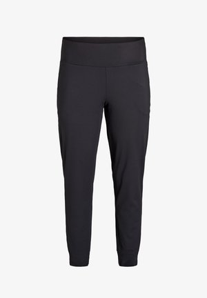 Svarta sportbyxor med en bredelastisk midja, avsmalnande ben och slät textur, designade för komfort och flexibilitet.
