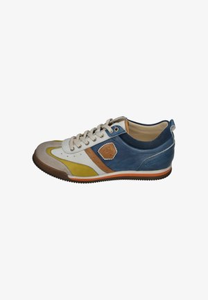 Multicolored sneaker featuring blue, white, yellow, and brown leather. Smooth textures with a rubber outsole and round toe design.