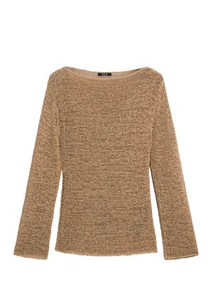 Langärmliger, hellbrauner Strickpullover mit lockerem Maschenwerk und rundem Halsausschnitt auf weißem Hintergrund.