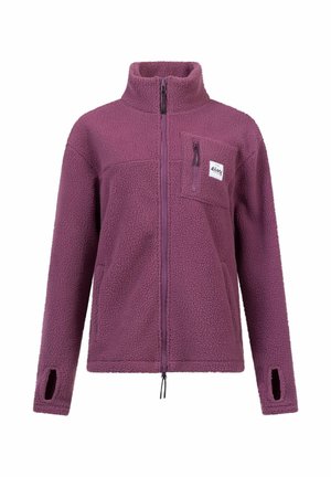 Fleecejacke in tiefem Mauve mit hohem Kragen, durchgehendem Reißverschluss und einer Brusttasche. Verfügt über Daumenlöcher an den Manschetten für zusätzlichen Komfort.