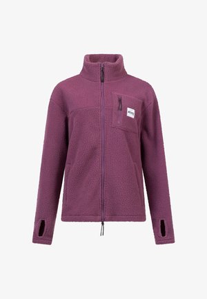 Fleece jack in diep mauve met een hoge kraag, volledige rits en een borstzak. Voorzien van duimgaten in de manchetten voor extra functionaliteit.