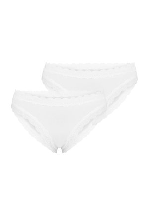 Two white lace-trimmed women's bikini-cut underwear pairs, overlapping on a white background.