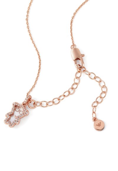 Ruusuhopea-kultainen kaulaketju, jossa on karhu-riipus, koristeltu kirkkailla strasseilla. Sisältää hummerilukon ja säädettävät ketjun lenkit.