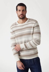Gestreifter Strickpullover in Creme- und Beigetönen; verfügt über einen Rundhalsausschnitt, rippenförmige Bündchen und ein strukturiertes Muster, das einen lässigen Look bietet.