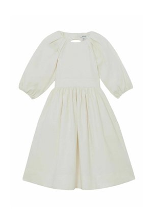 Elfenbeinfarbenes Midi-Kleid mit langen Ärmeln, geraffter Taille, Puffärmeln, elastischen Bündchen und kleinem Schlüsselloch-Detail am Ausschnitt.