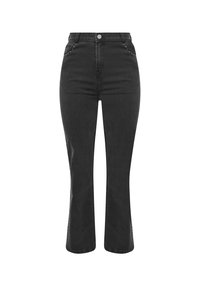 Svart denim med utsvängda ben och hög midja, framtida knapp och nitar längs fickorna. Texturerad tyg med lätt stretch.